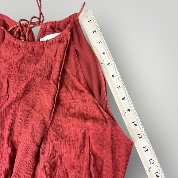 Elevenses Anthropologie Halter Jumpsuit S Rust Crinkle Tassel Tie Waist Cuffed - Picture 10 of 10